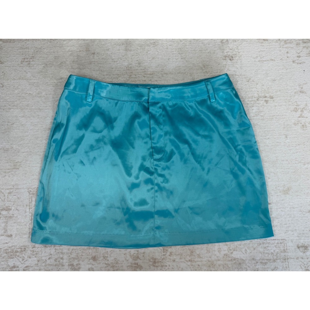 MESHKI Turquoise Blue Satin Mini Skirt Size L High Shine Belt Loops Party Wear
